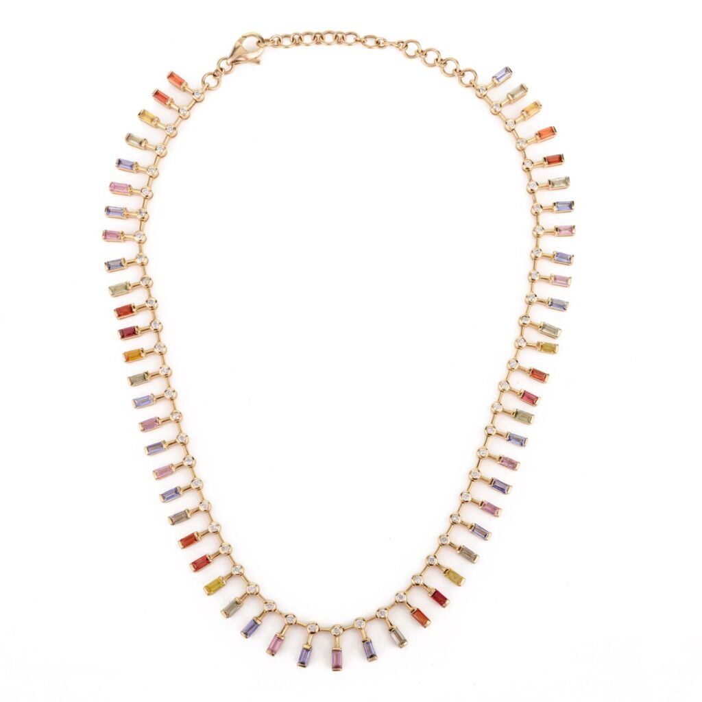 925 Sterling Silver Multi Sapphire Diamond Choker Necklace