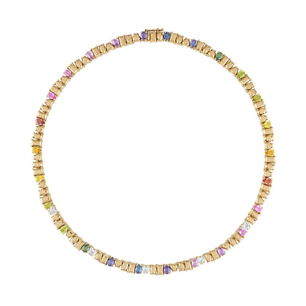 925 Sterling Silver Multishape Goldstone Sapphire Diamond Necklace