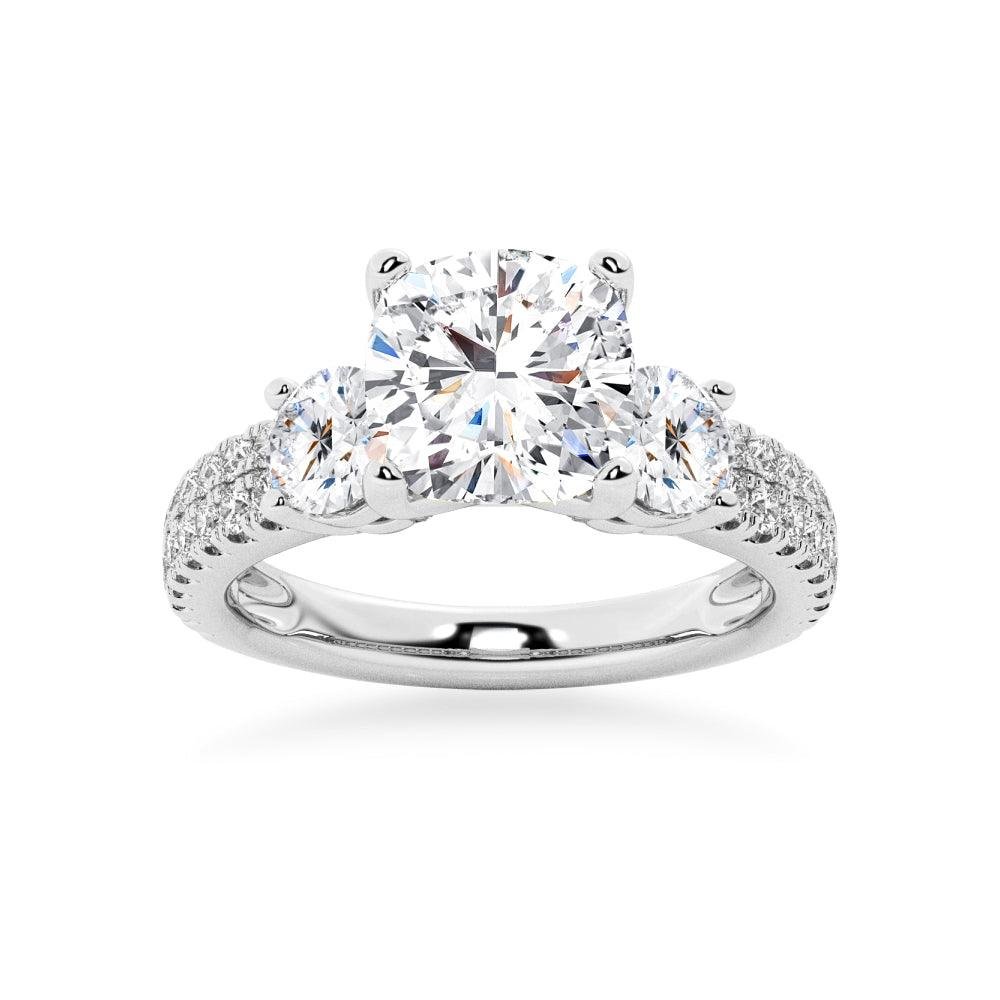 925 Sterling Silver NEW Double Row Pave Three Stone Cushion Cut Diamond Engagement Ring