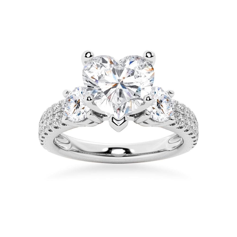 925 Sterling Silver NEW Double Row Pave Three Stone Heart Shaped Diamond Engagement Ring