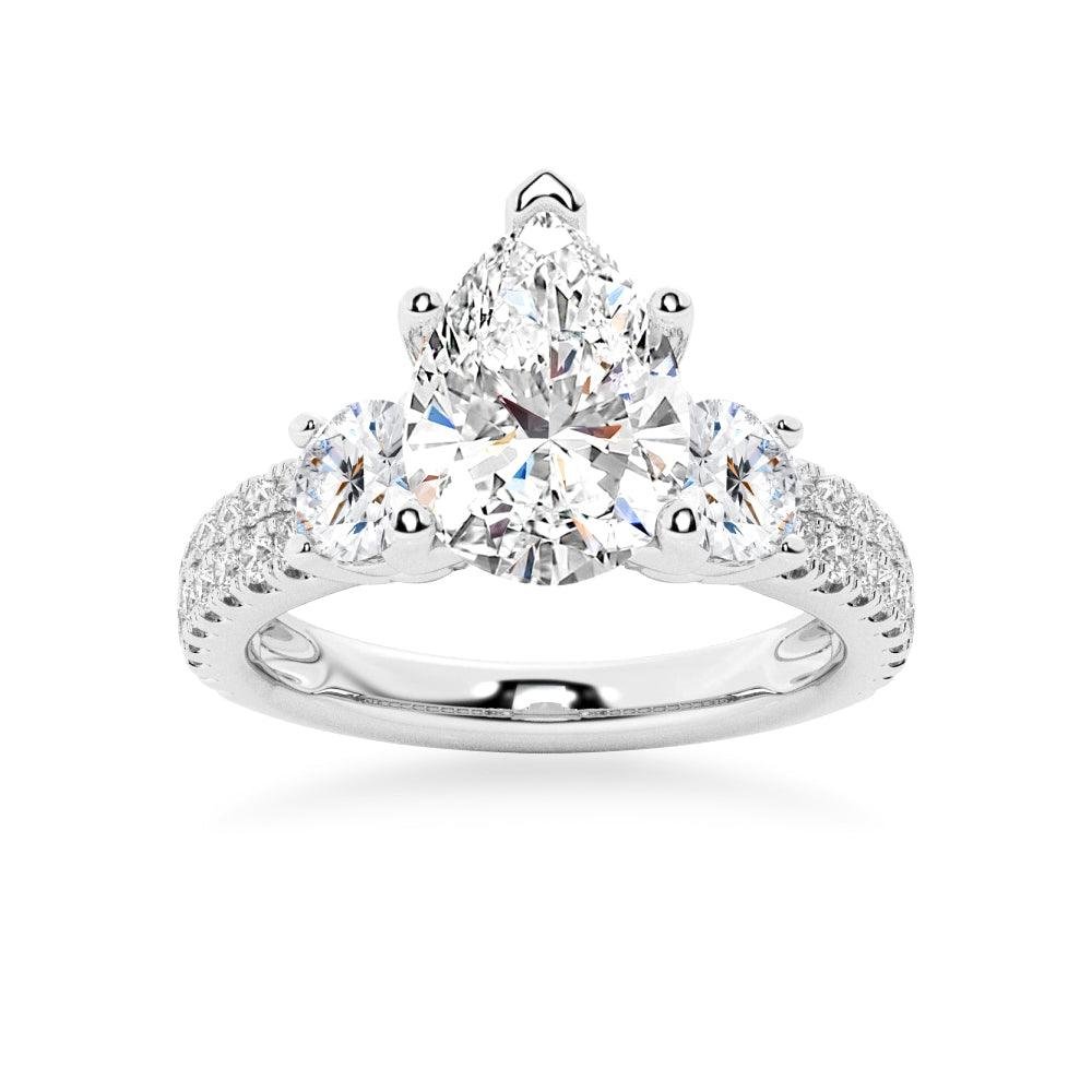 925 Sterling Silver NEW Double Row Pave Three Stone Pear Shaped Diamond Engagement Ring