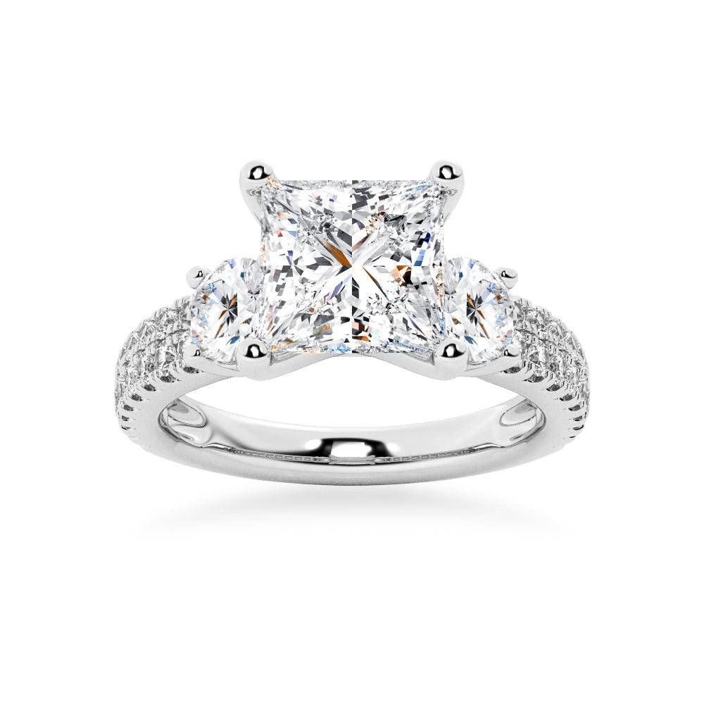 925 Sterling Silver NEW Double Row Pave Three Stone Princess Cut Diamond Engagement Ring