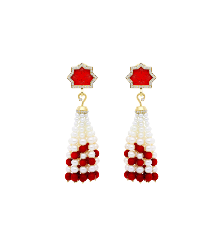 925 Sterling Silver Noor Coral Diamond Pearl Earrings