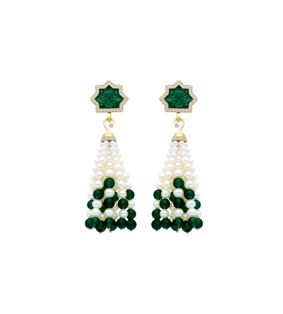 925 Sterling Silver Noor Green Onyx Diamond Pearl Earrings