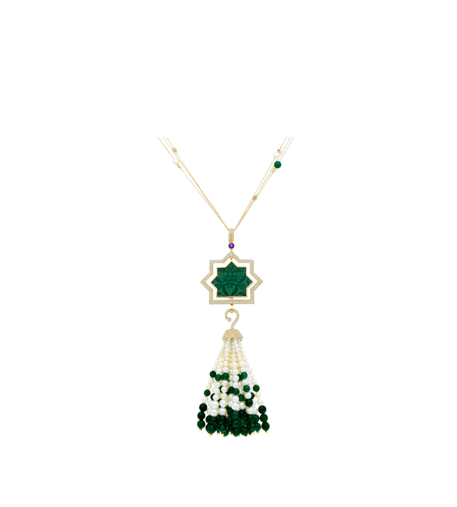 925 Sterling Silver Noor Green Onyx Sautoir Diamond Pearl Necklace