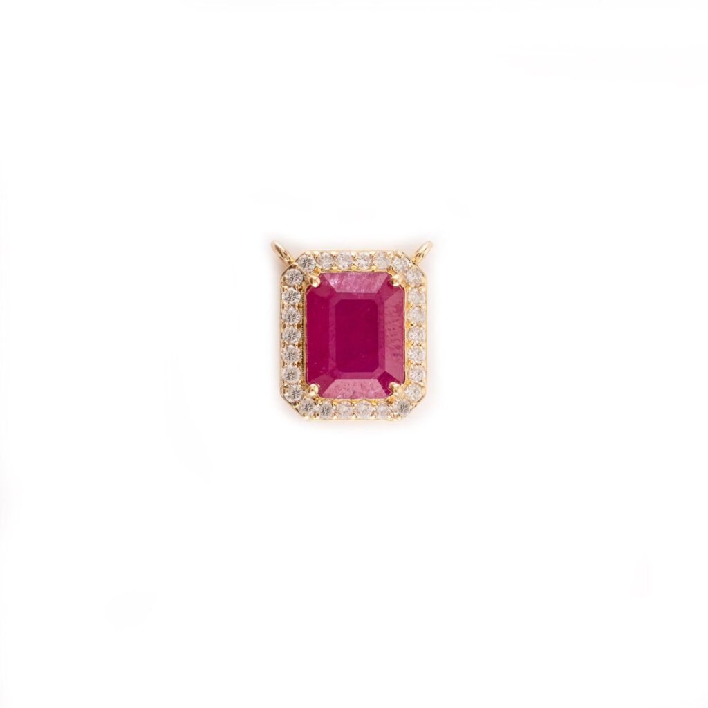925 Sterling Silver Octagon Cut Precious Ruby Halo Diamond Pendant