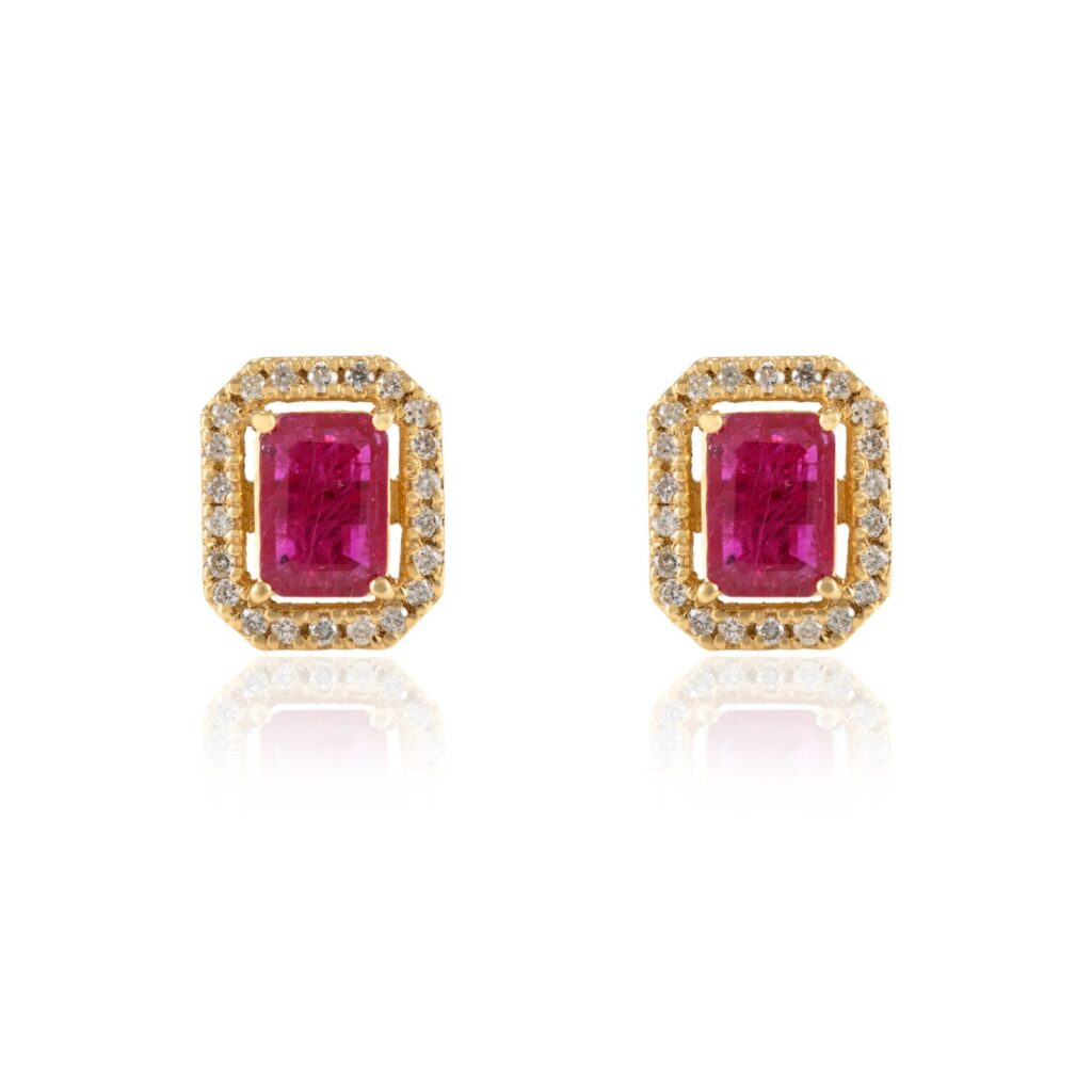 925 Sterling Silver Octagon Ruby Halo Diamond Stud Earrings