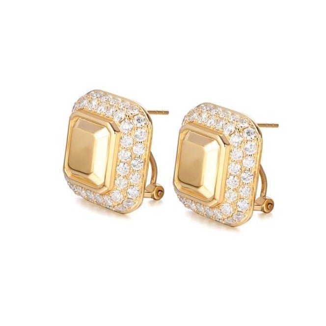925 Sterling Silver Oversized Emerald Cut Goldstone Diamond Stud Earrings