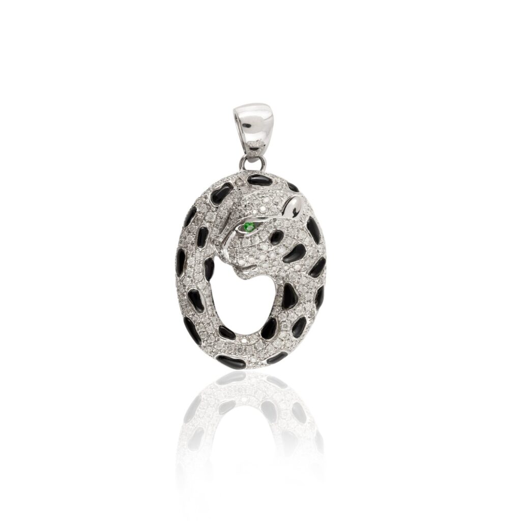 925 Sterling Silver Panther Diamond Onyx Pendant