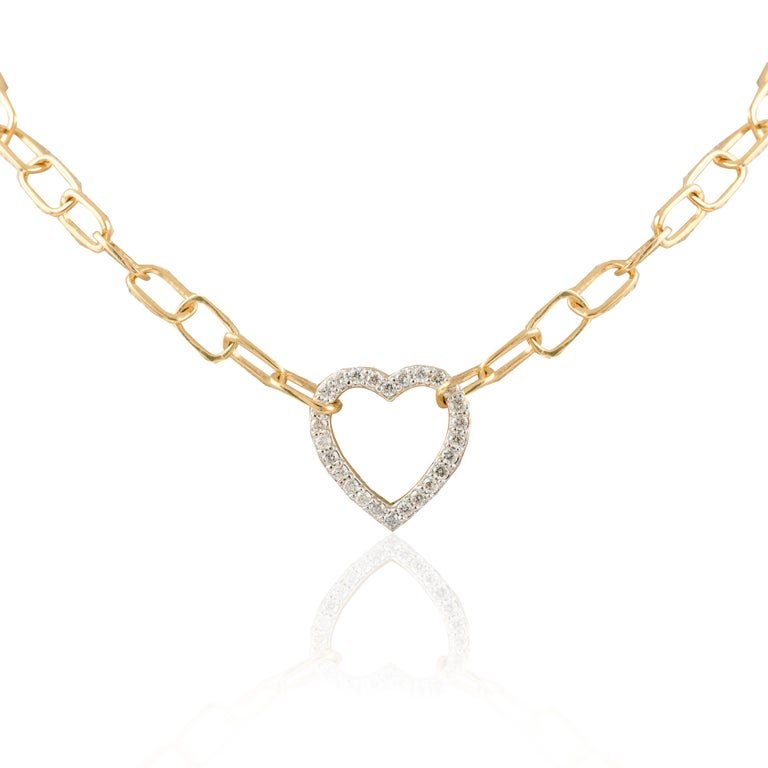 925 Sterling Silver Paperclip Chain Diamond Heart Necklace