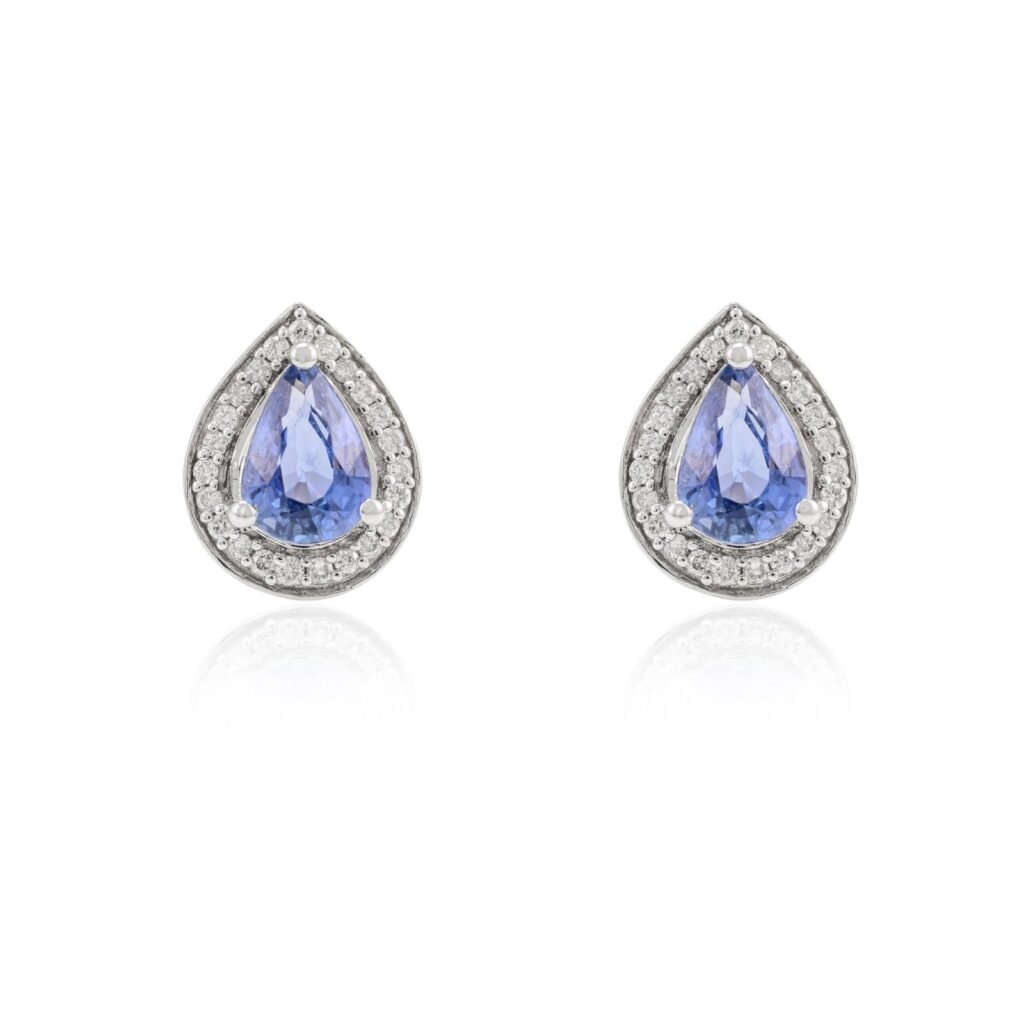 925 Sterling Silver Pear Cut Blue Sapphire Halo Diamond Stud Earrings