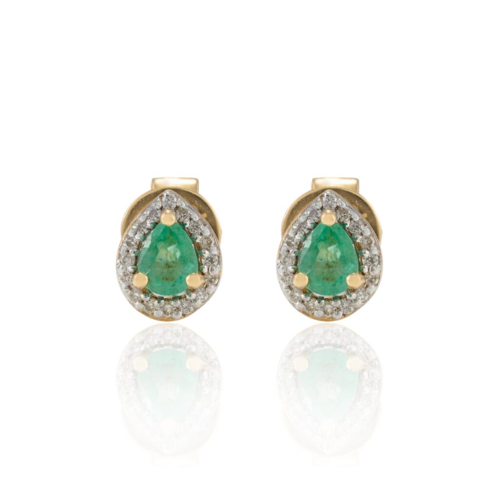 925 Sterling Silver Pear Cut Emerald Halo Diamond Stud Earrings