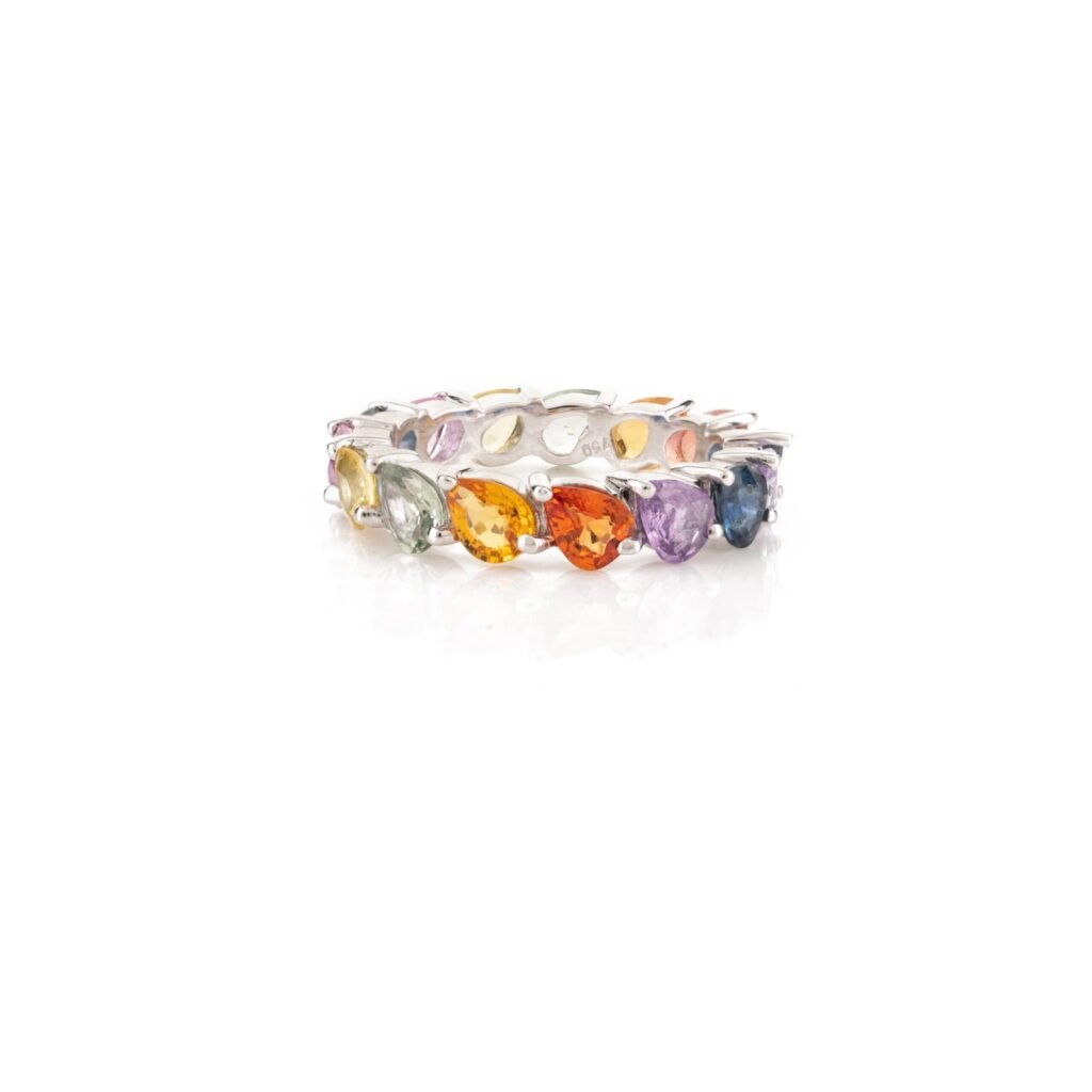 925 Sterling Silver Pear Cut Unique Multi Sapphire Ring