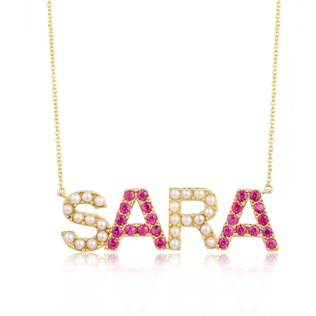 925 Sterling Silver Pearl and Color Stone Name Necklace