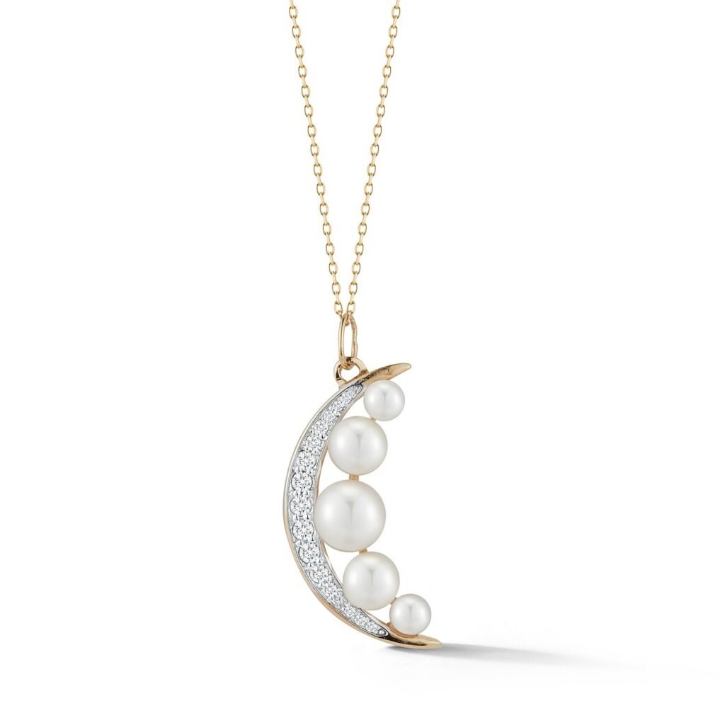 925 Sterling Silver Pearl Crescent Moon Diamond Necklace
