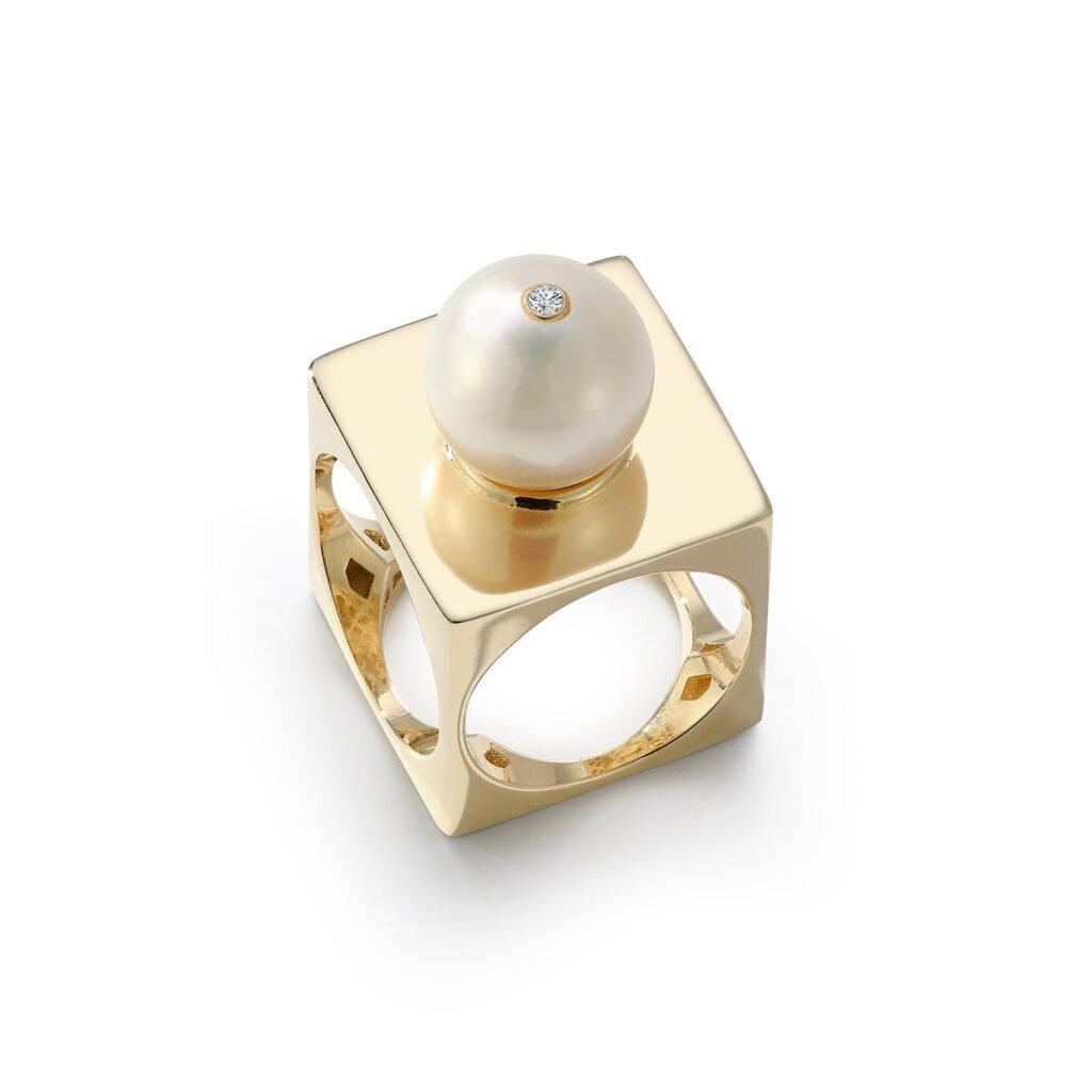 925 Sterling Silver Pearl Cube Diamond Ring