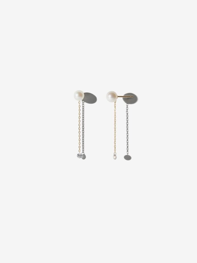 925 Sterling Silver Pierced Diamond and Pearl Chain Stud Earrings
