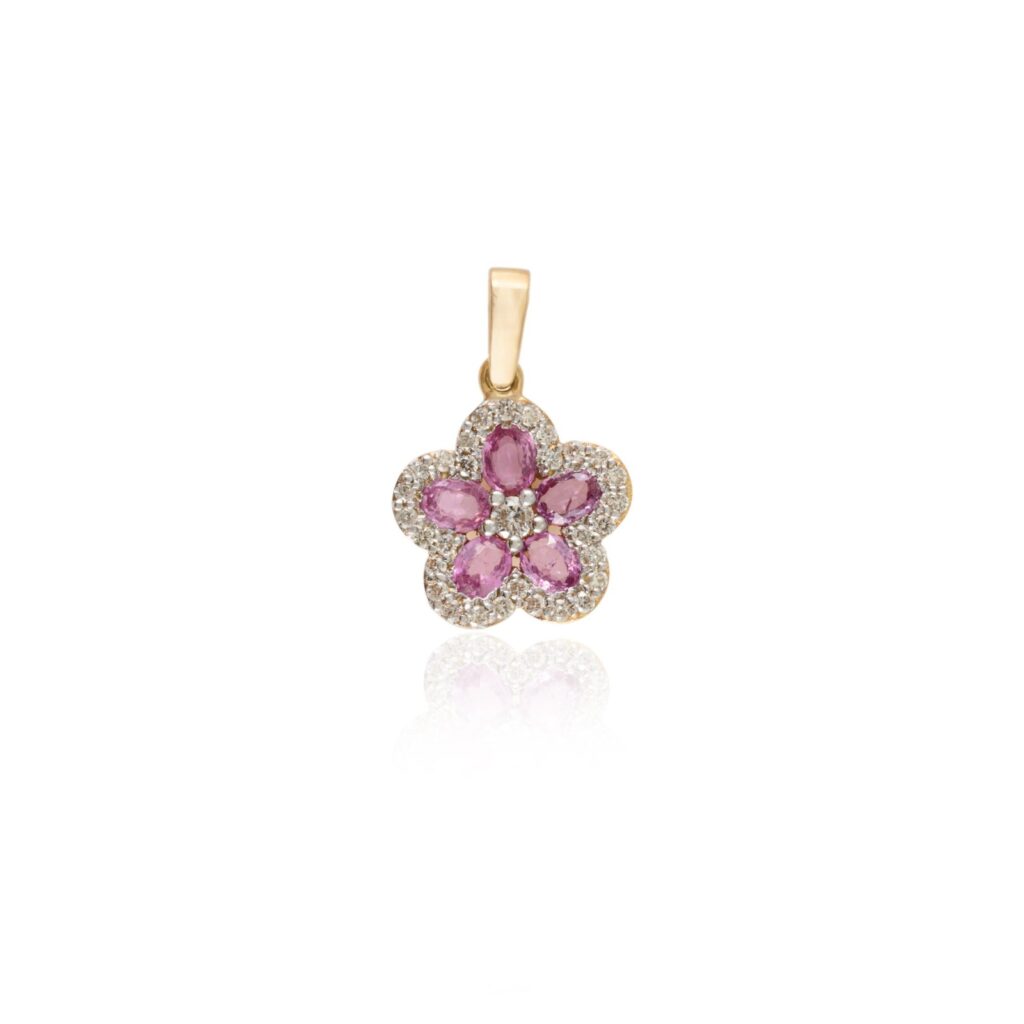 925 Sterling Silver Pink Sapphire Cherry Blossom Flower Diamond Pendant