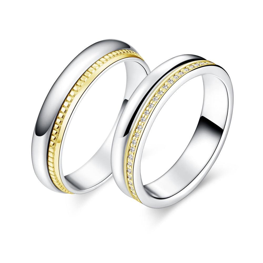925 Sterling Silver Polished Finish Two Tone Couple Diamond Ring Set Pave Edge