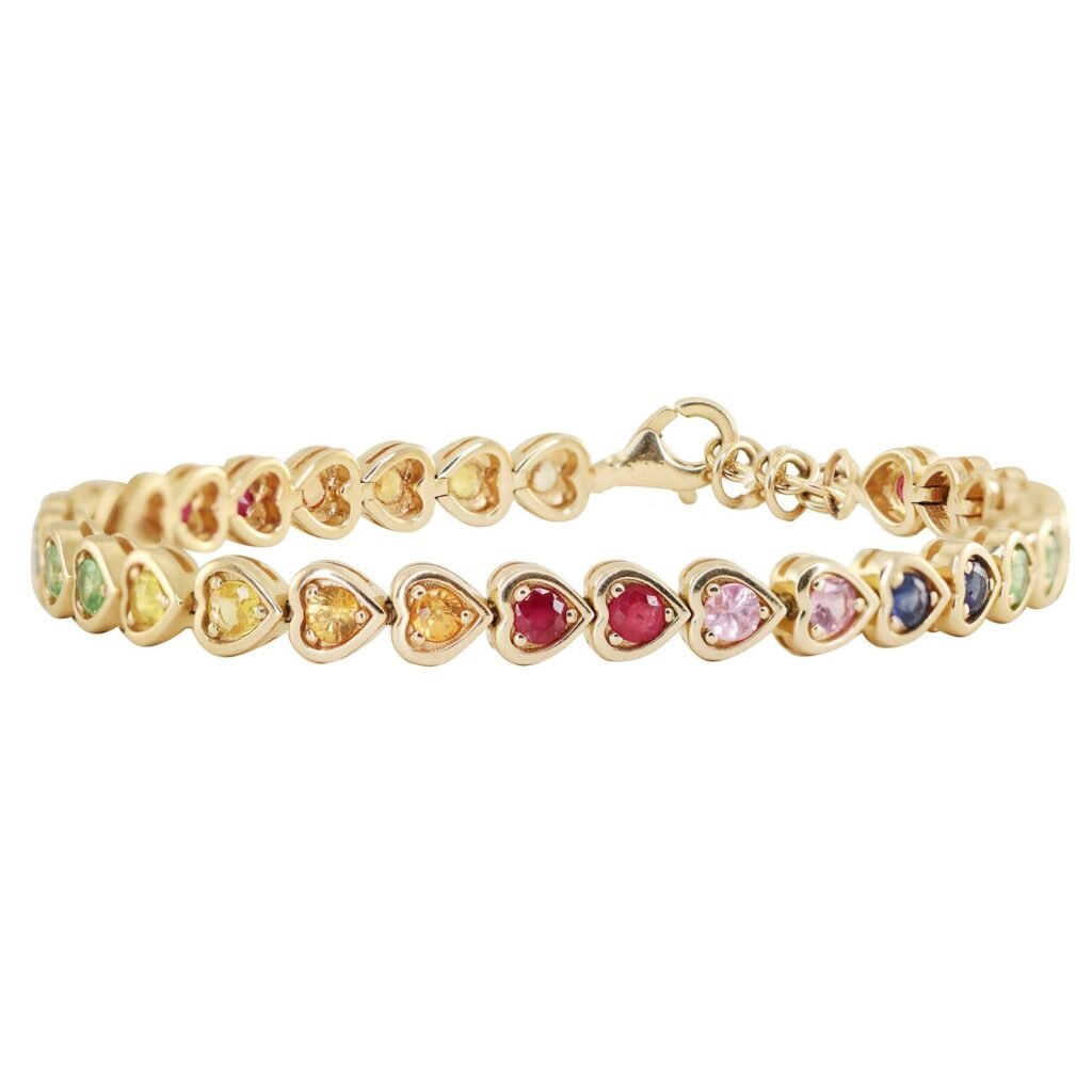 925 Sterling Silver Rainbow Sapphire Heart Bezel Tennis Bracelet