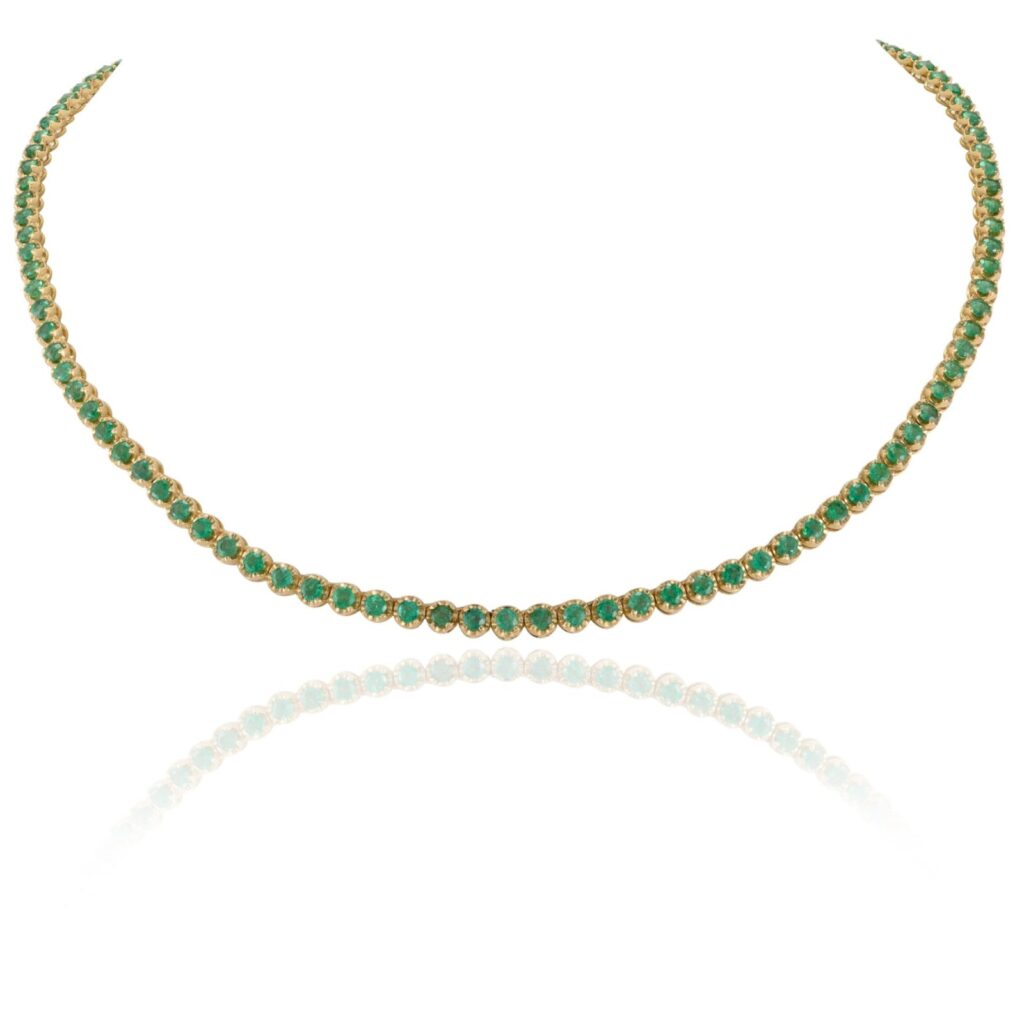 925 Sterling Silver Round Cut Emerald Tennis Diamond Necklace