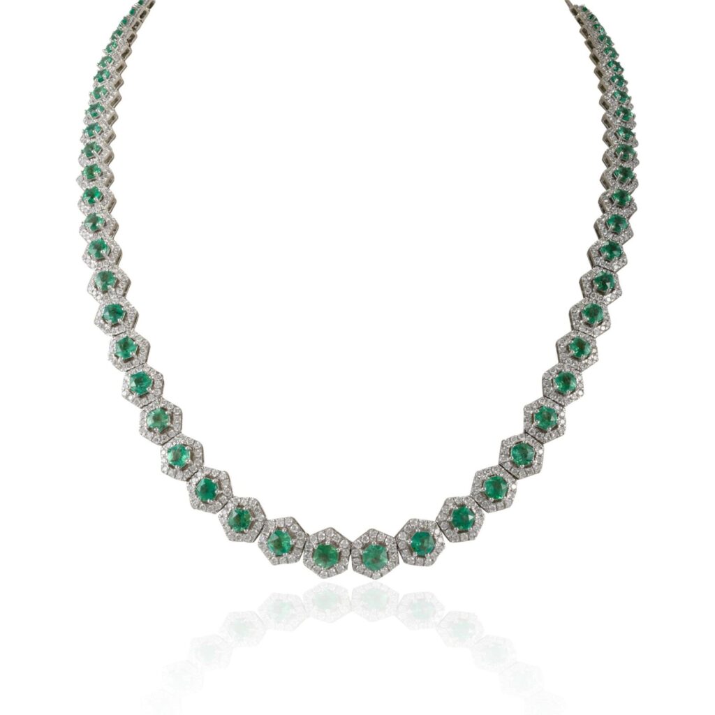 925 Sterling Silver Round Emerald and Diamond Choker Necklace