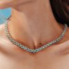 925 Sterling Silver Round Emerald and Diamond Choker Necklace - Image 2