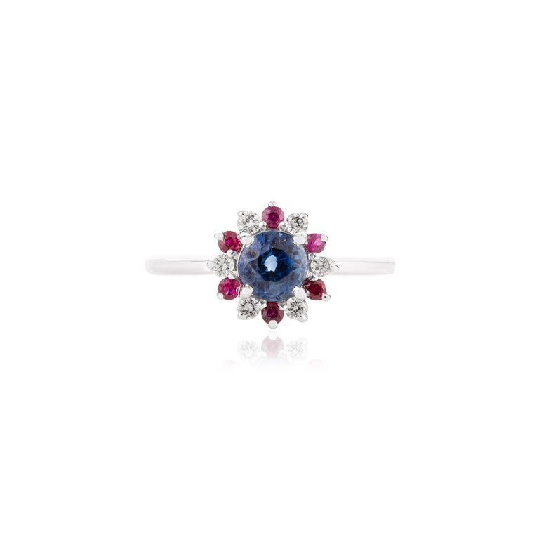 925 Sterling Silver Ruby Blue Sapphire Diamond Flower Shape Ring