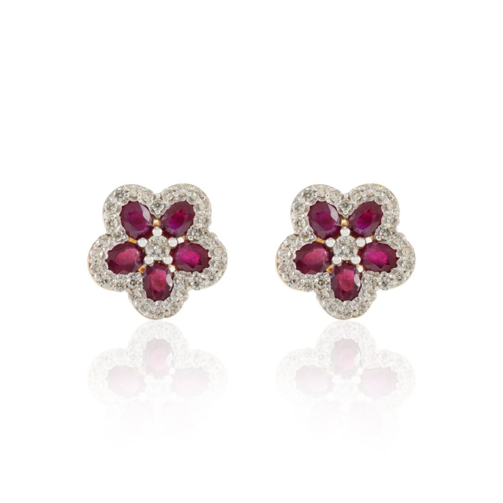 925 Sterling Silver Ruby Cherry Blossom Flower Diamond Earrings