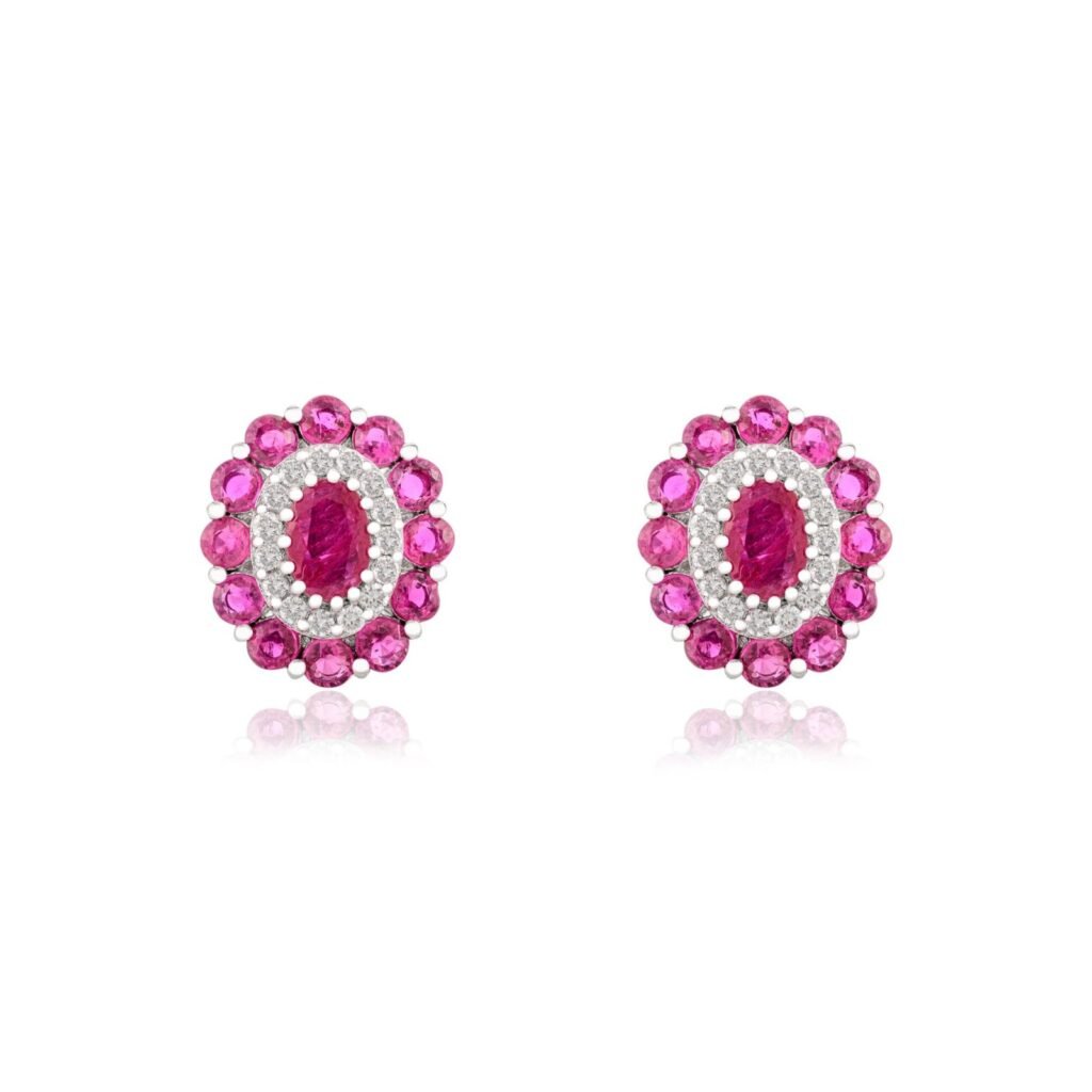 925 Sterling Silver Ruby Diamond Cluster Stud Earrings