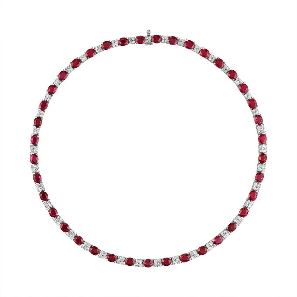 925 Sterling Silver Ruby Diamond Tennis Necklace