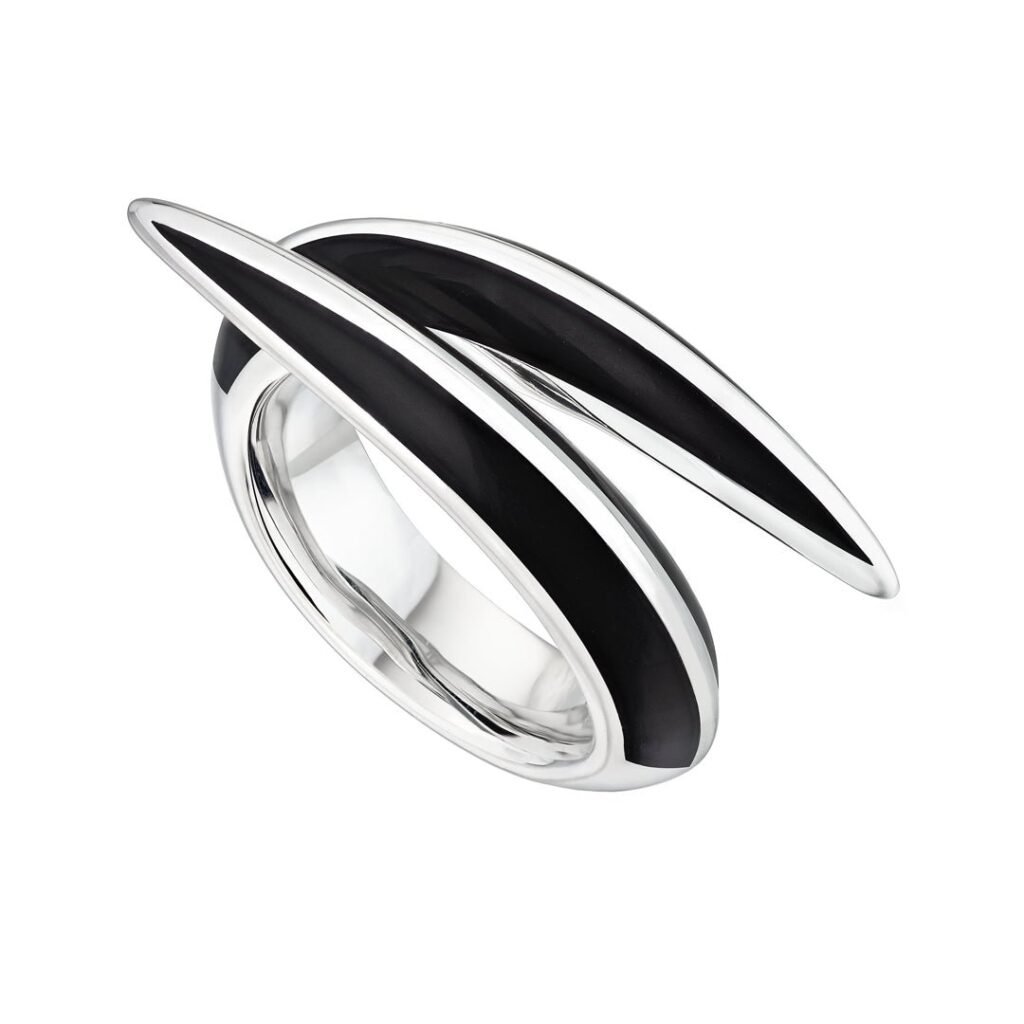 925 Sterling Silver Sabre Deco Crossover Ring and Black Ceramic
