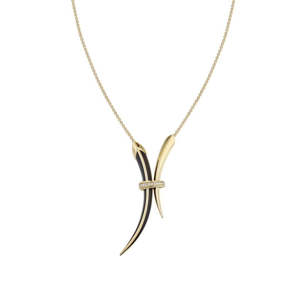 925 Sterling Silver Sabre Deco Necklace Black Ceramic and Diamond