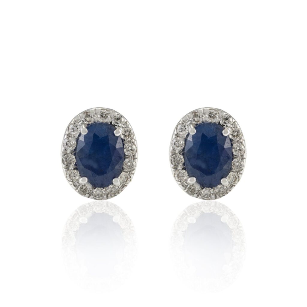 925 Sterling Silver Sapphire and Halo Diamond Stud Earrings