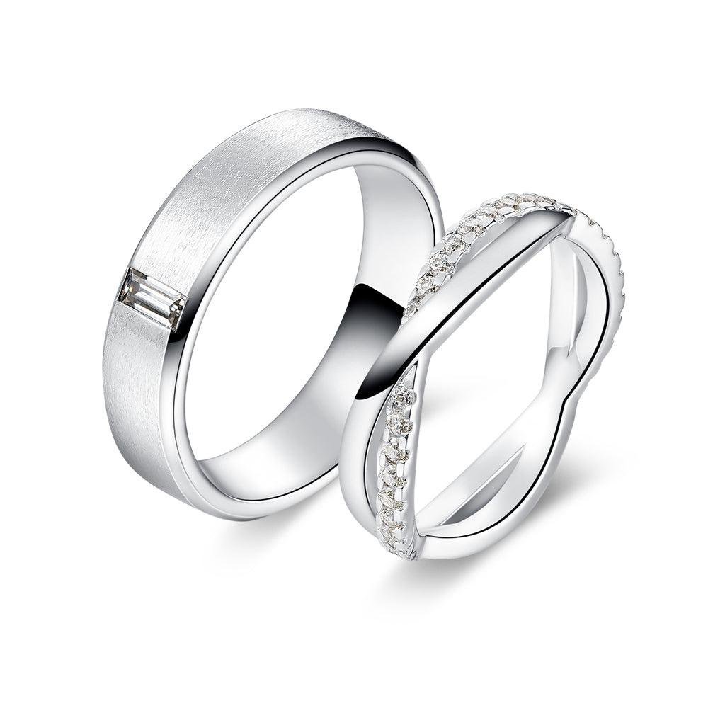 925 Sterling Silver Satin Finish Emerald Cut and Infinity Diamond Eternity Couple Ring Set