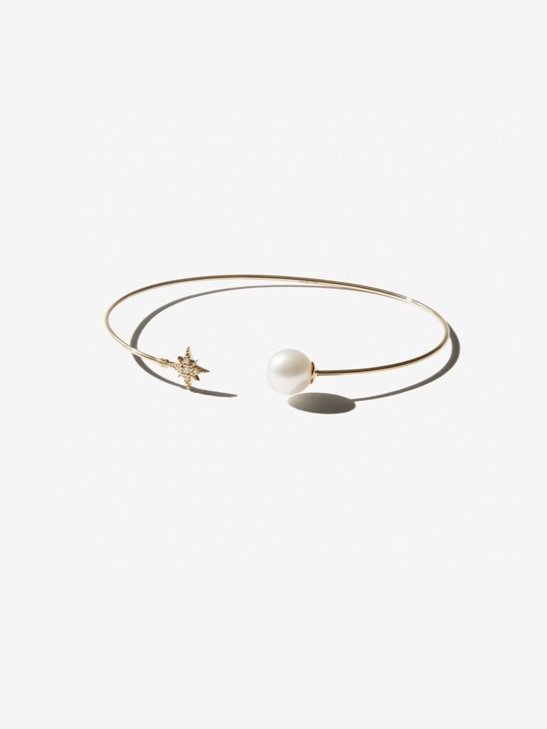 925 Sterling Silver SBA100A . Small Diamond Star and Pearl Cuff