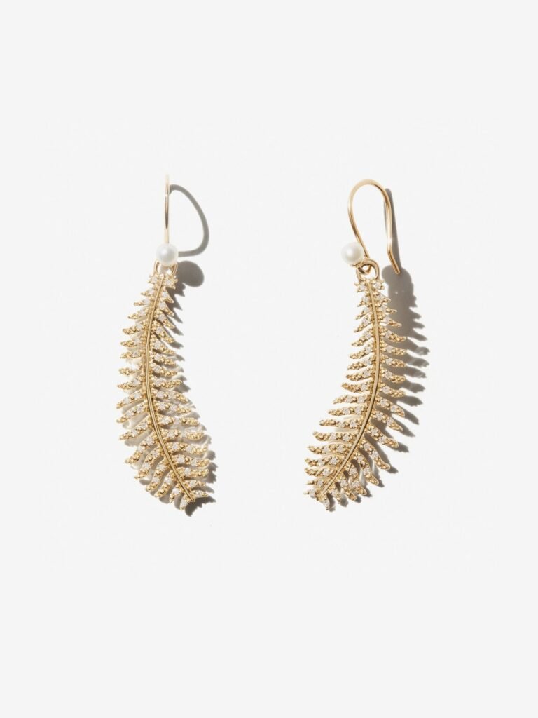 925 Sterling Silver SBE325E . Medium Diamond Feather and Pearl Earrings