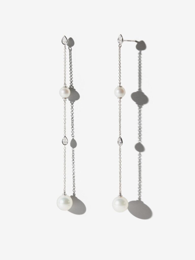 925 Sterling Silver SBE376W . Floating Pearl and Pear Diamond Long Earring