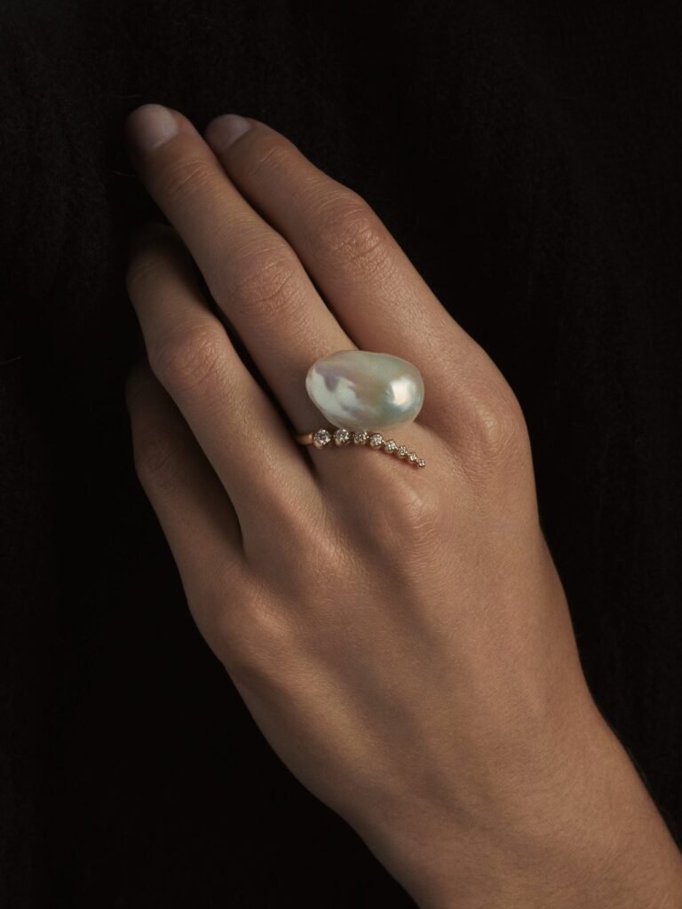 925 Sterling Silver SBR42W . Open Multi Diamond and Baroque White Pearl Ring