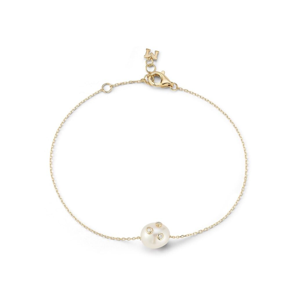 925 Sterling Silver Scattered Diamond Bezel Baroque Pearl Bracelet