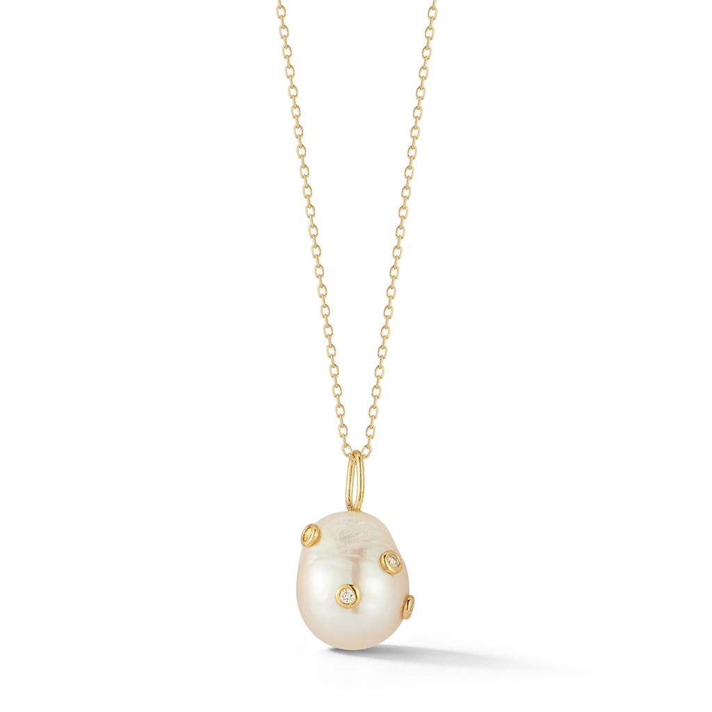 925 Sterling Silver Scattered Diamond Bezel Baroque Pearl Necklace