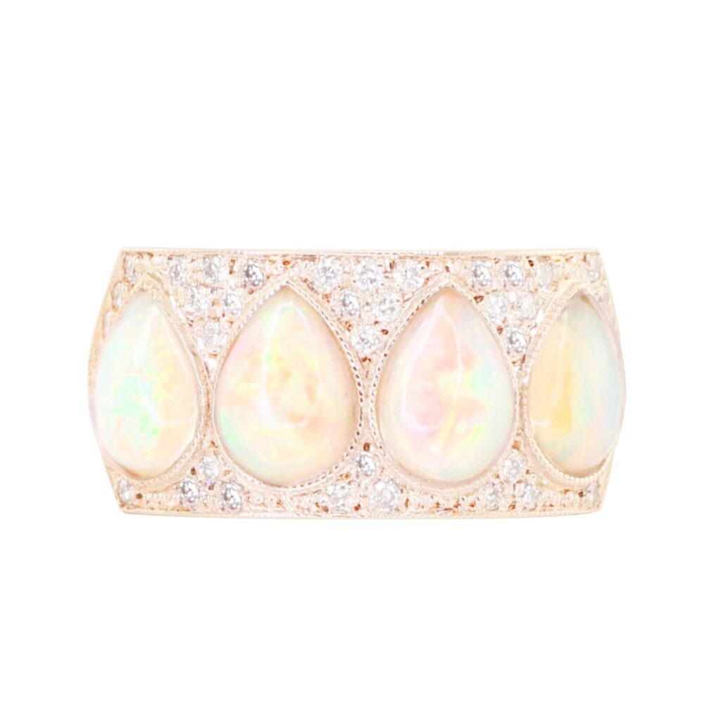 925 Sterling Silver Scattered Diamond Teardrop Opal Ring