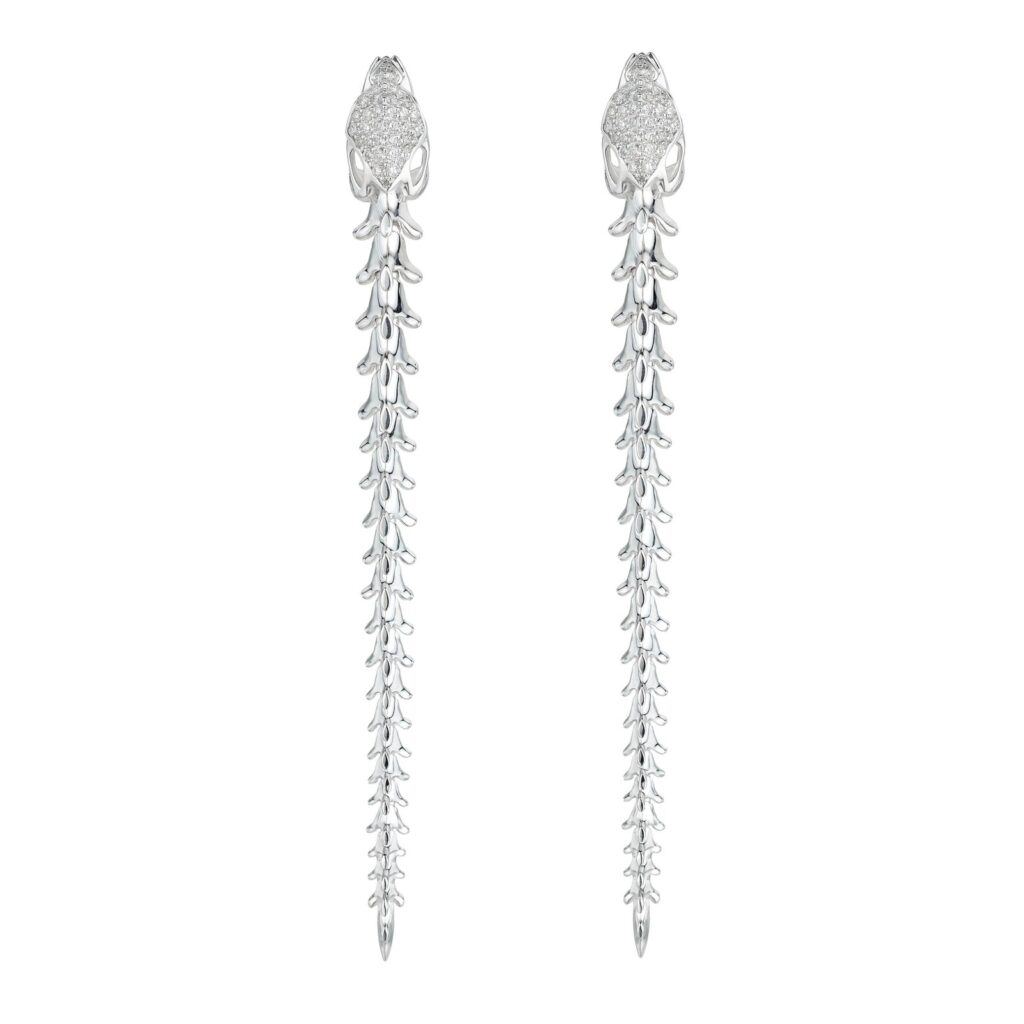 925 Sterling Silver Serpent Trace Long Drop Diamond Earrings Pave