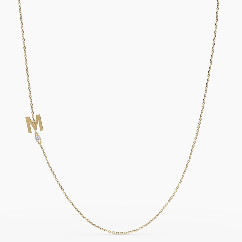 925 Sterling Silver Sideways Initial M Diamond Necklace