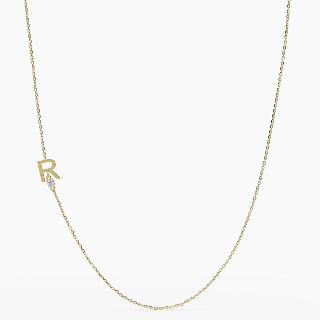 925 Sterling Silver Sideways Initial R Diamond Necklace
