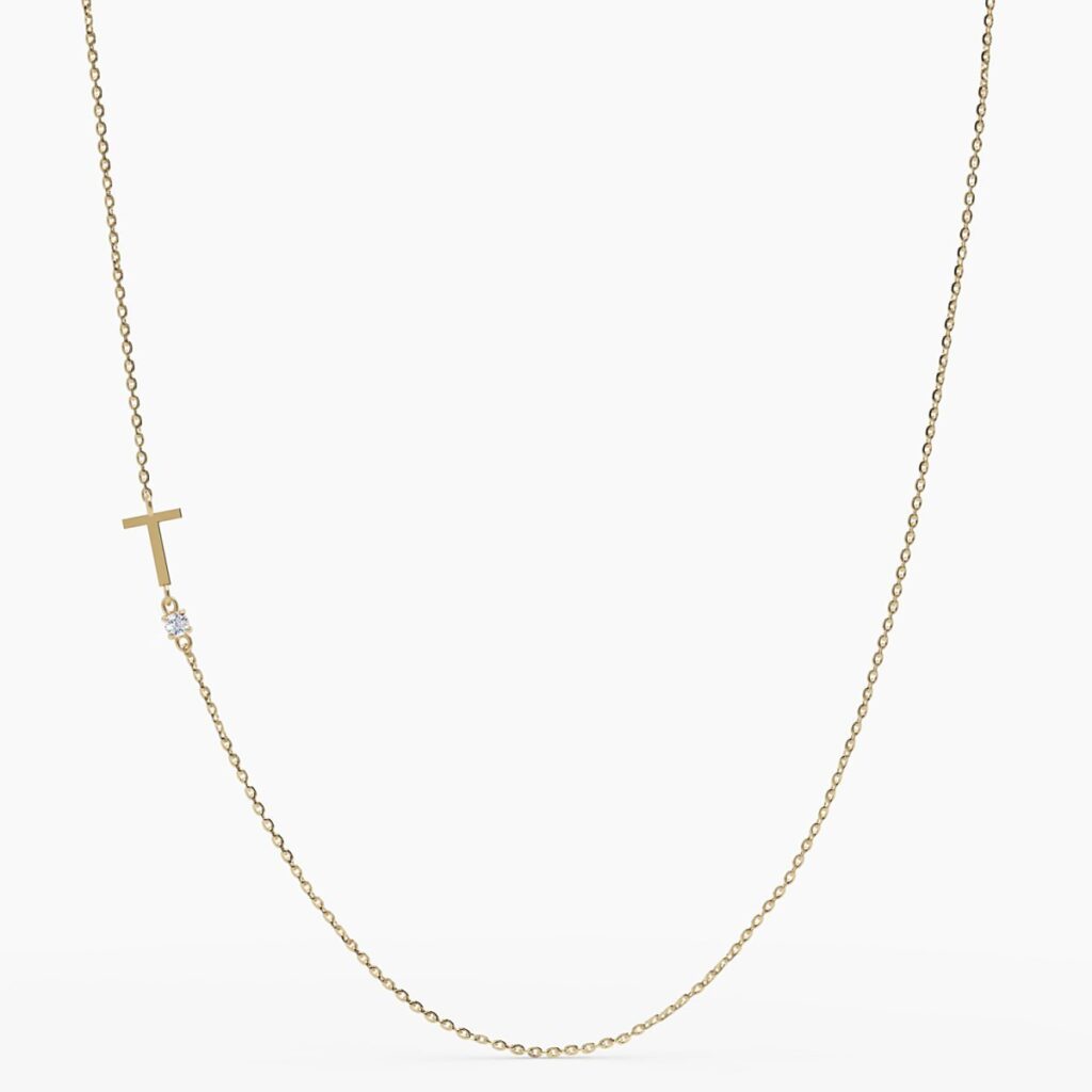 925 Sterling Silver Sideways Initial T Diamond Necklace