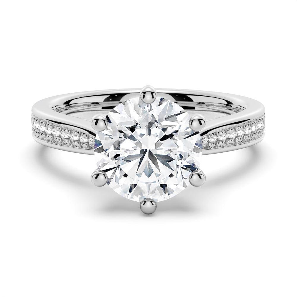 925 Sterling Silver Six Prongs Diamond Engagement Ring Tapered Pave Band