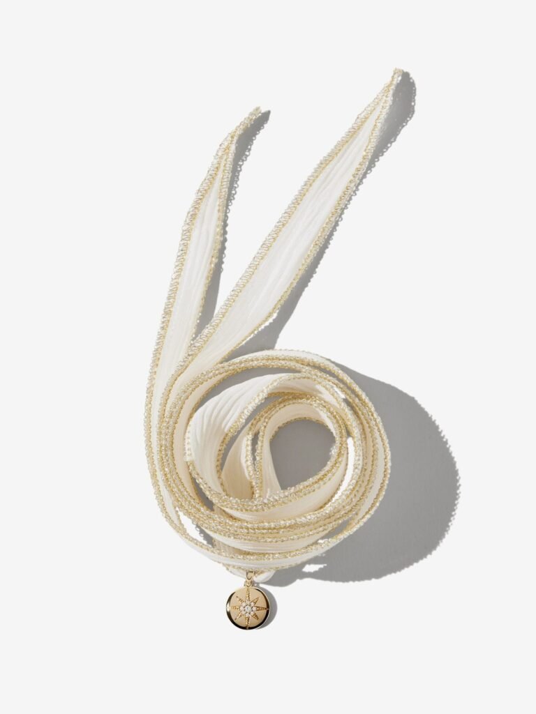 925 Sterling Silver SK1G . White Silk and Diamond Star Medallion Necklace
