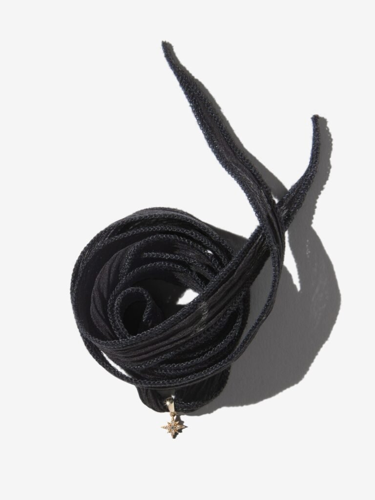 925 Sterling Silver SK3A . Black Silk and Small Diamond Star Necklace