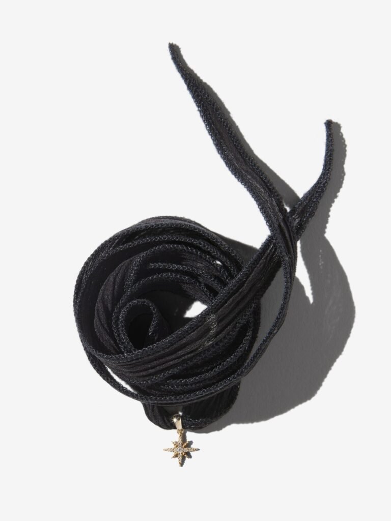 925 Sterling Silver SK3B . Black Silk and Diamond Star Necklace
